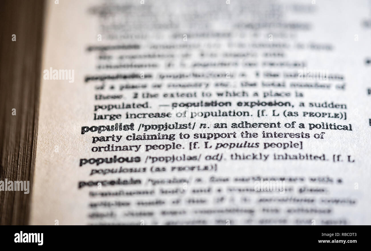 Closeup of the word populist on a page inside an English language