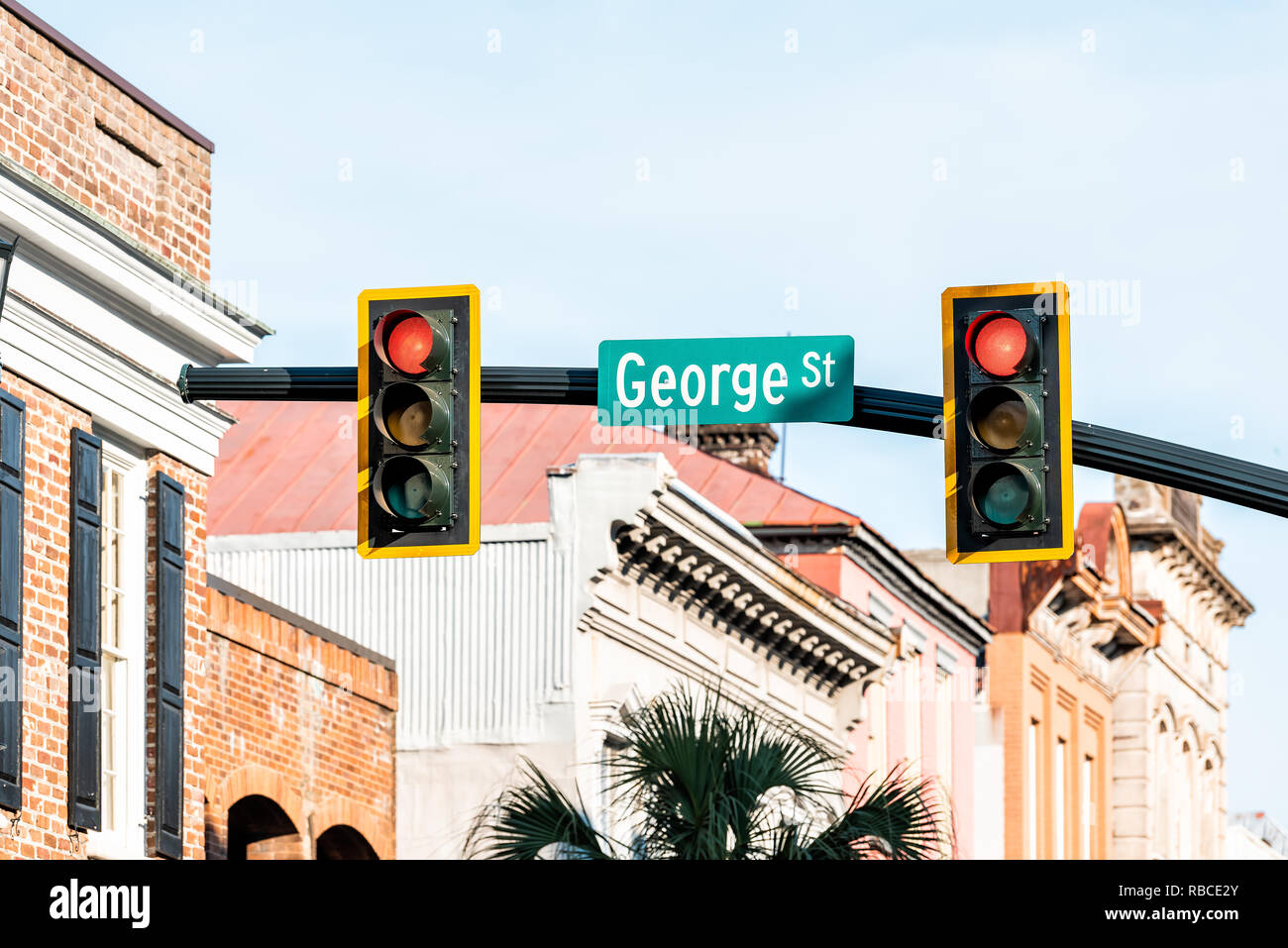 Charleston, USA Downtown city King street in South Carolina with closeup of George St in southern town and traffic light Stock Photo