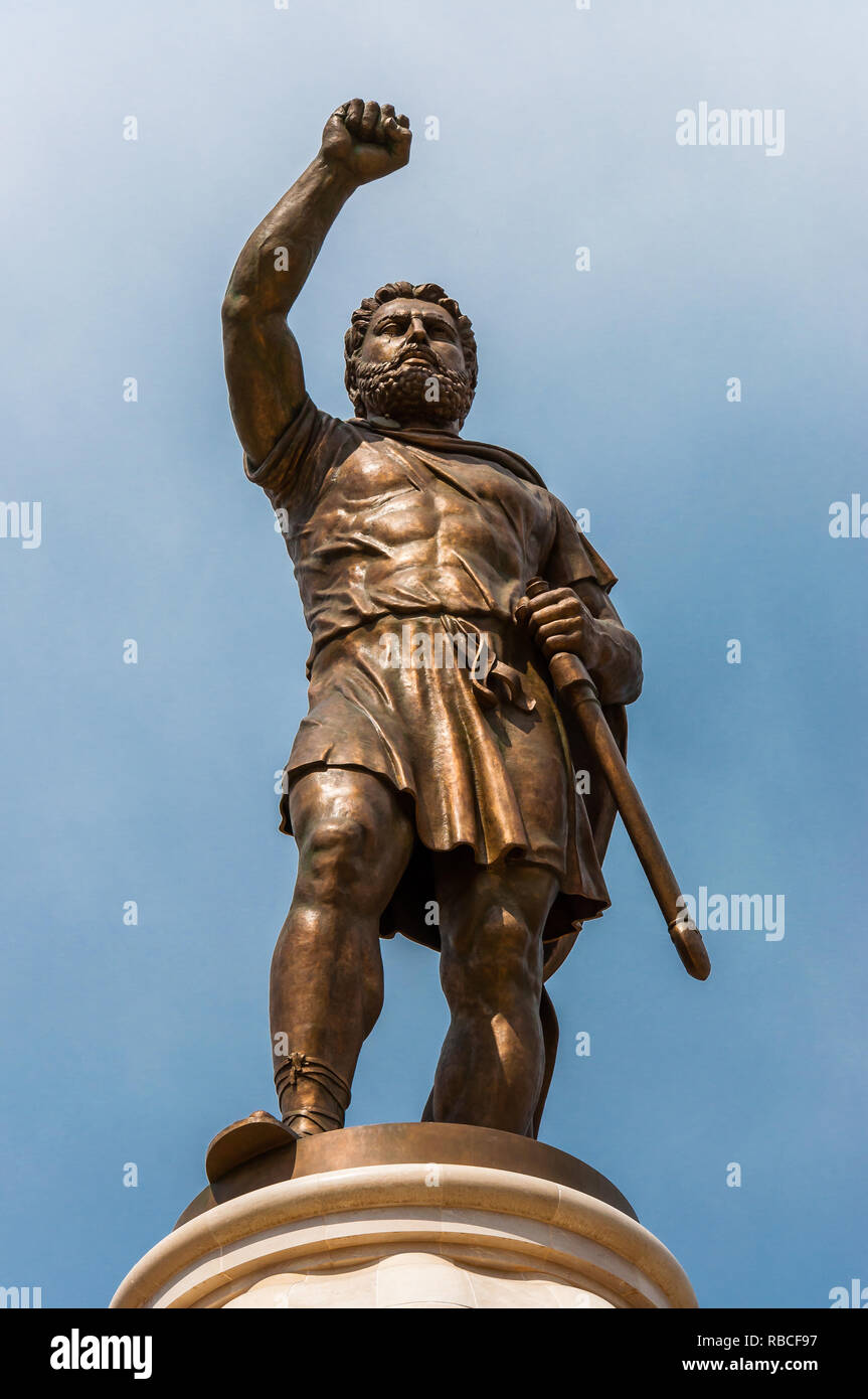 Skopje, Macedonia June 10, 2013 A giant 29meter tall bronze statue