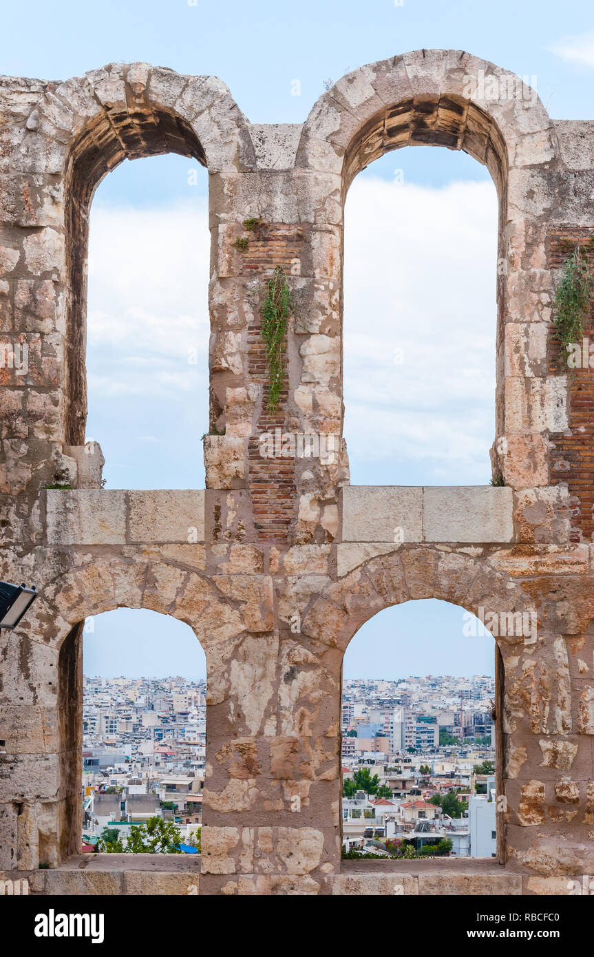 Athens, Greece - June 12, 2013: Stone arches with the view through the ...