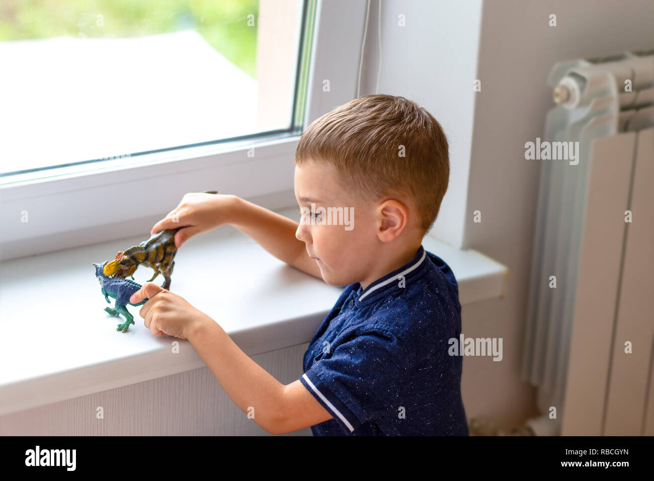 A boy is playing with dinosaur figures near the window Stock Photo