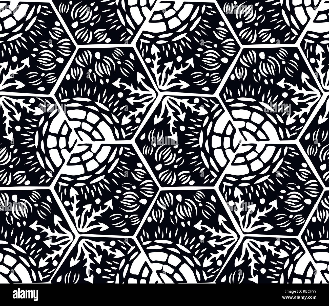 Underwater world. Hexagonal tiles. Seamless pattern. White and black colors Stock Vector