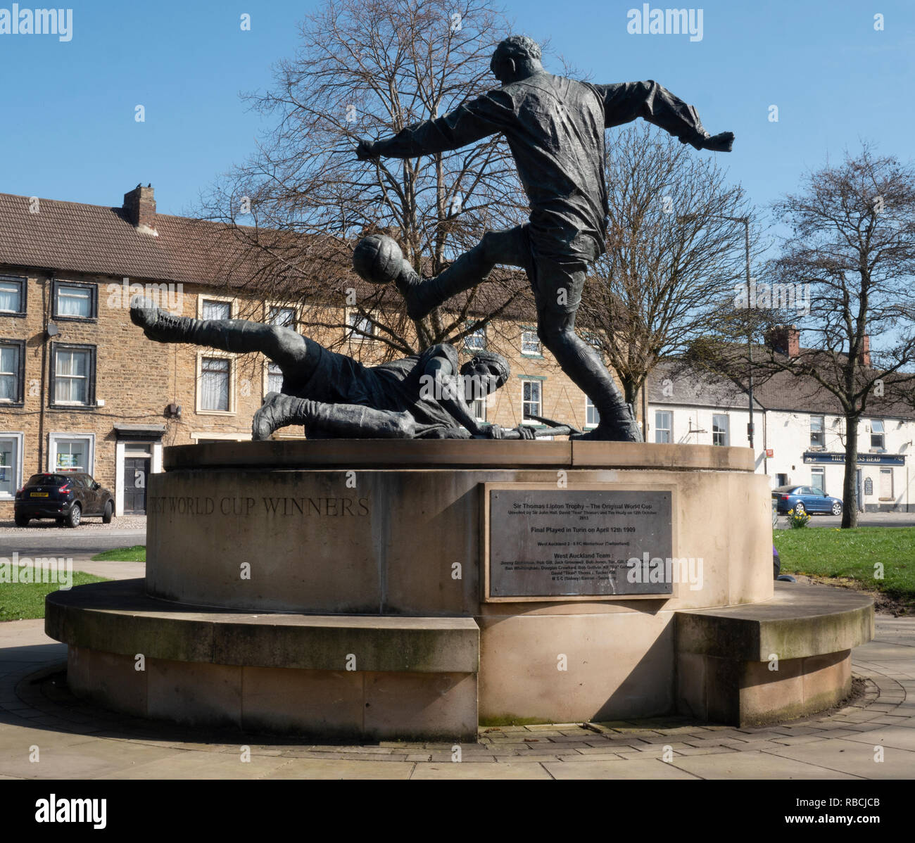 World Cup football statue on the village green in West Auckland, County Durham, England, UK Stock Photo