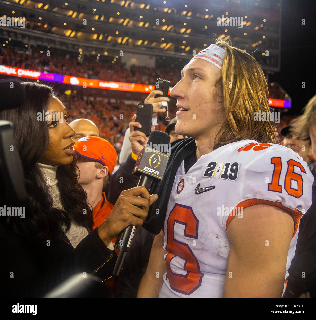 santa-clara-ca-u-s-07th-jan-2019-a-clemson-quarterback-trevor-lawrence-16-during-on-field-post-game-interview-with-espn-after-the-ncaa-college-football-national-championship-game-between-clemson-tigers