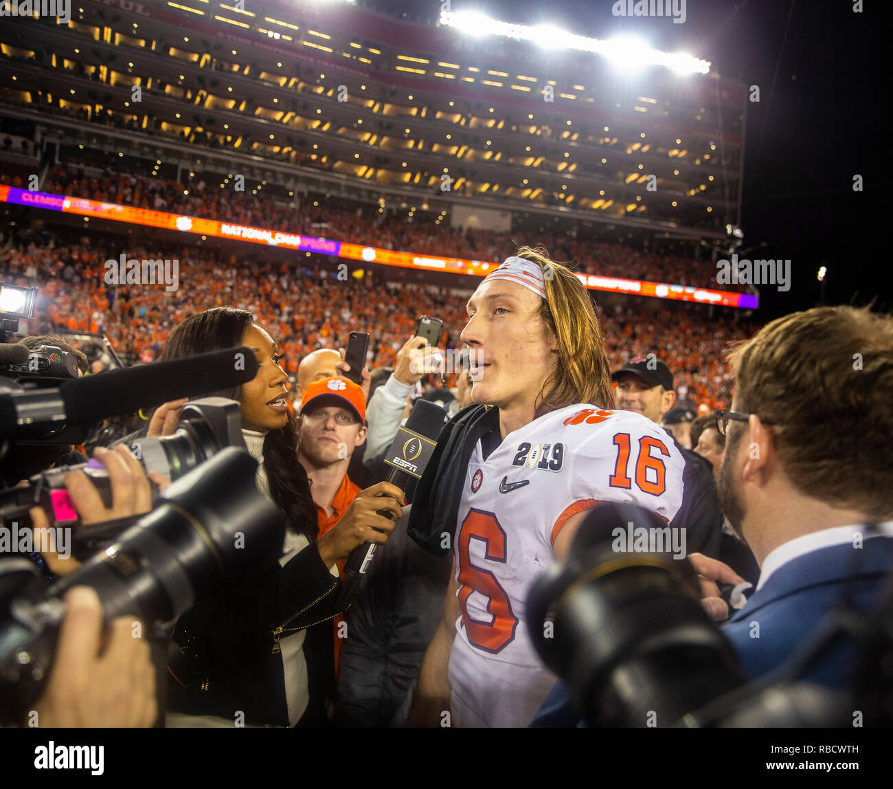 Santa Clara, CA U.S. 07th Jan, 2019. A. Clemson quarterback Trevor Lawrence  (16) during on field post game interview with ESPN after the NCAA College  Football National Championship game between Clemson Tigers