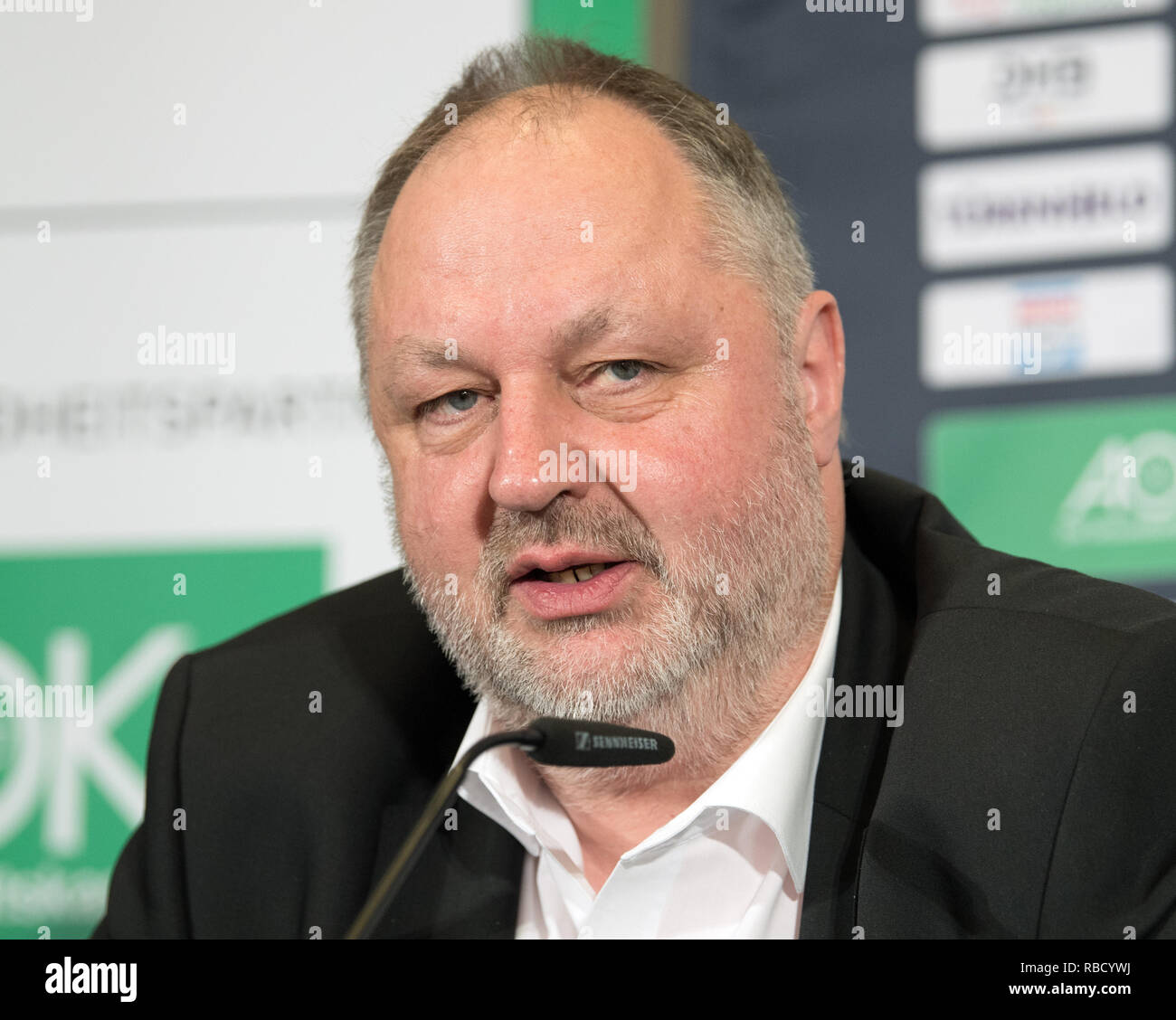 Berlin, Germany. 09th Jan, 2019. Andreas Michelmann, President of the German Handball Federation (DHB), will speak during the press conference for the first World Championship match of the German national handball team. Germany will play against Team Korea in Berlin on Thursday. Credit: Soeren Stache/dpa/Alamy Live News Stock Photo