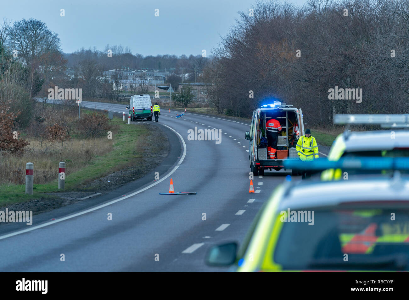 A96 near to Christies Elite Nursery, Forres, UK. 7th January, 2019. Fatal RTC Bogton Road, Forres - UPDATE    Police Scotland can confirm that the male pedestrian who died following the one vehicle collision at about 7.20am on Monday, 7 January, 2019 on the A96 Forres by-pass near to Christies Elite Nursery was 58 year old Paul Bell from the Forres area.   Anyone with information who hasn't yet come forward should contact Police Scotland on 101 using reference number PS-20190107-0456.      Credit: JASPERIMAGE/Alamy Live News Stock Photo