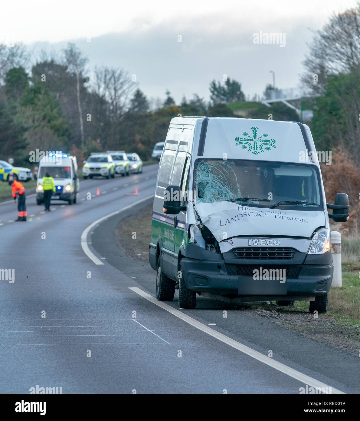 A96 near to Christies Elite Nursery, Forres, UK. 7th January, 2019. Fatal RTC Bogton Road, Forres - UPDATE    Police Scotland can confirm that the male pedestrian who died following the one vehicle collision at about 7.20am on Monday, 7 January, 2019 on the A96 Forres by-pass near to Christies Elite Nursery was 58 year old Paul Bell from the Forres area.   Anyone with information who hasn't yet come forward should contact Police Scotland on 101 using reference number PS-20190107-0456.      Credit: JASPERIMAGE/Alamy Live News Stock Photo