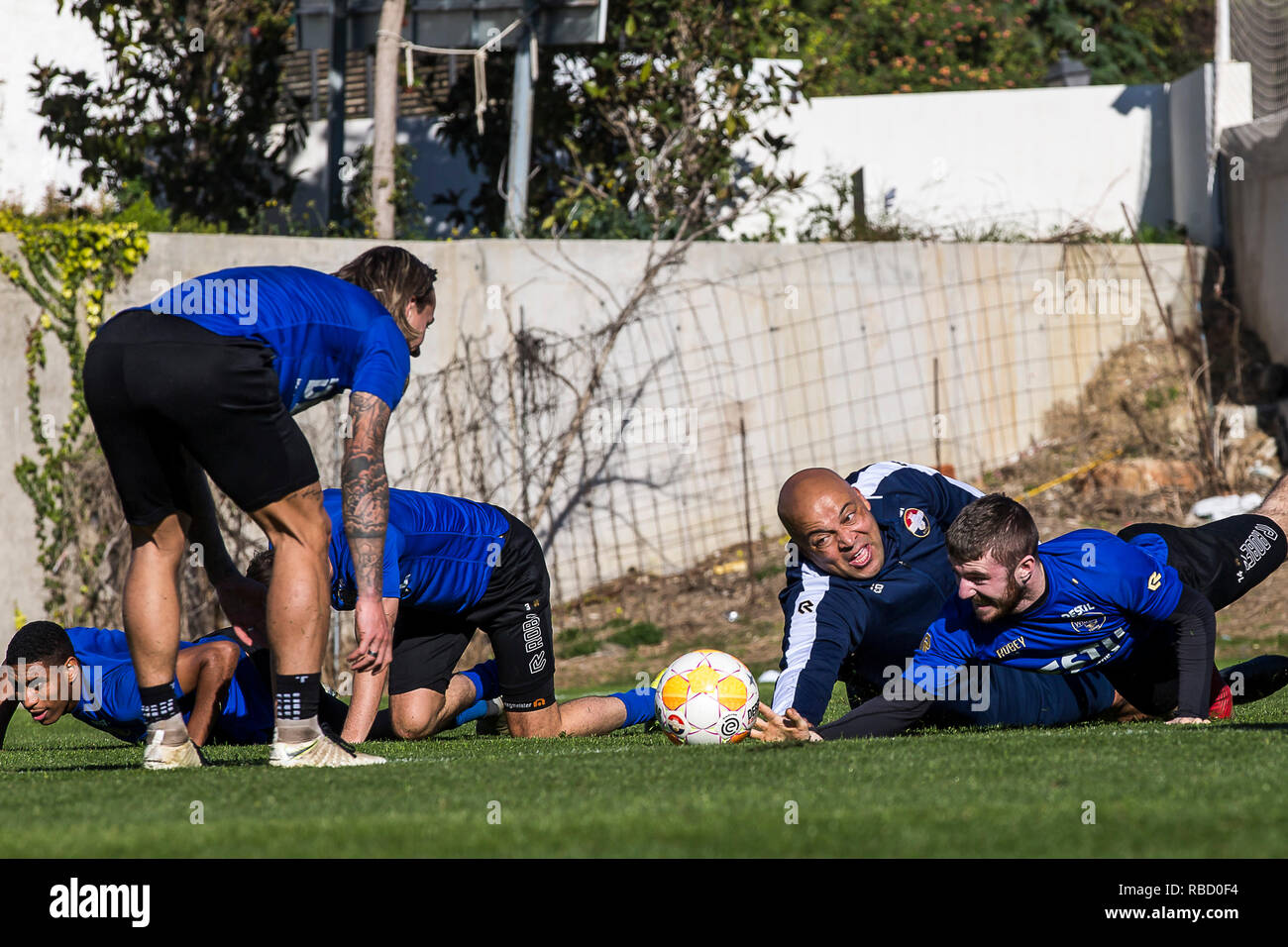 MARBELLA - 09-01-2019,  Dutch football Eredivisie season 2018 / 2019.   Willem II condition trainer Chima Onyeike   and Willem II player Daniel Crowley  during training at Marbella. Stock Photo