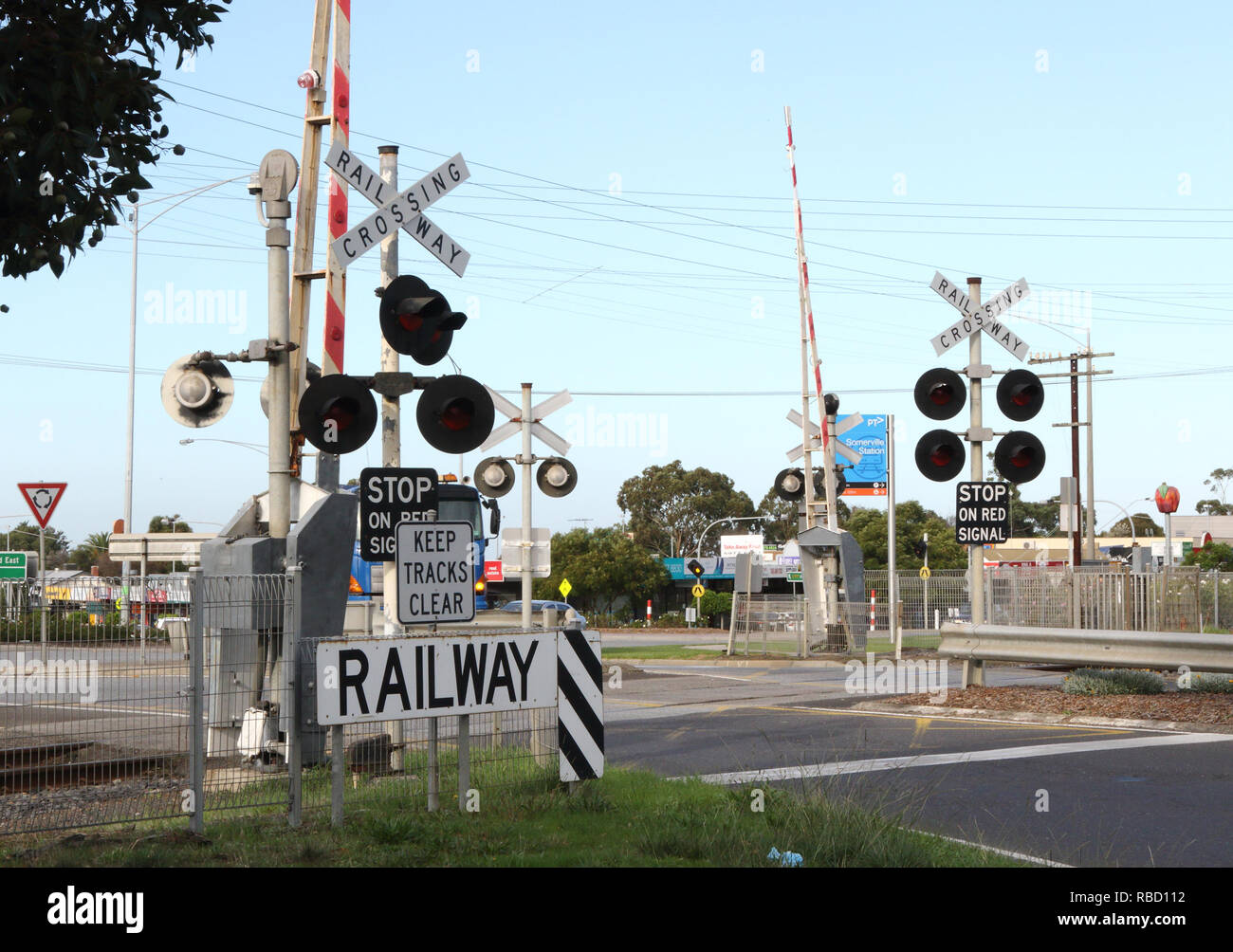 May 13, 2016 - Melbourne, Victoria, Australia - Railway crossing sign ...