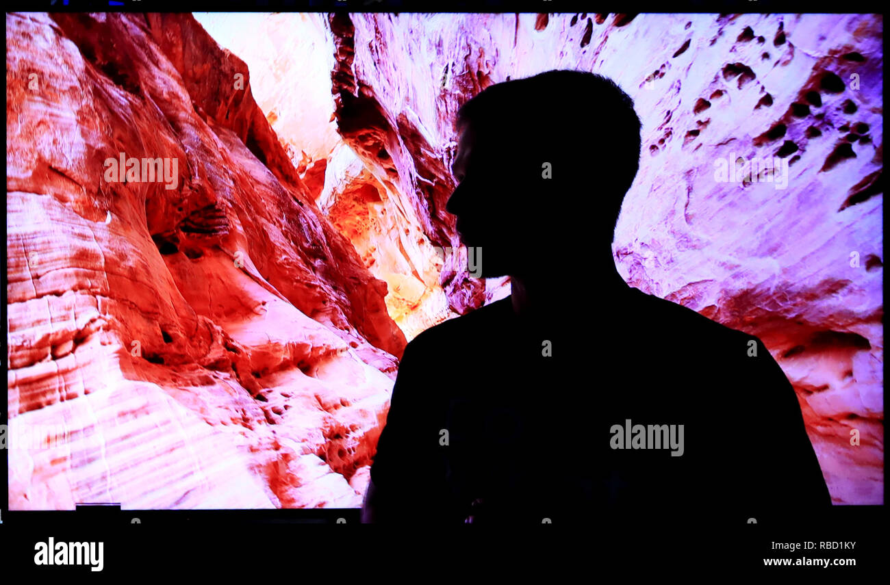 Las Vegas, USA. 8th Jan, 2019. A staff member of Samsung stands before a giant TV screen during the Consumer Electronics Show (CES) in Las Vegas, the United States, Jan. 8, 2019. The annual CES kicked off Tuesday in Las Vegas. Credit: Li Ying/Xinhua/Alamy Live News Stock Photo