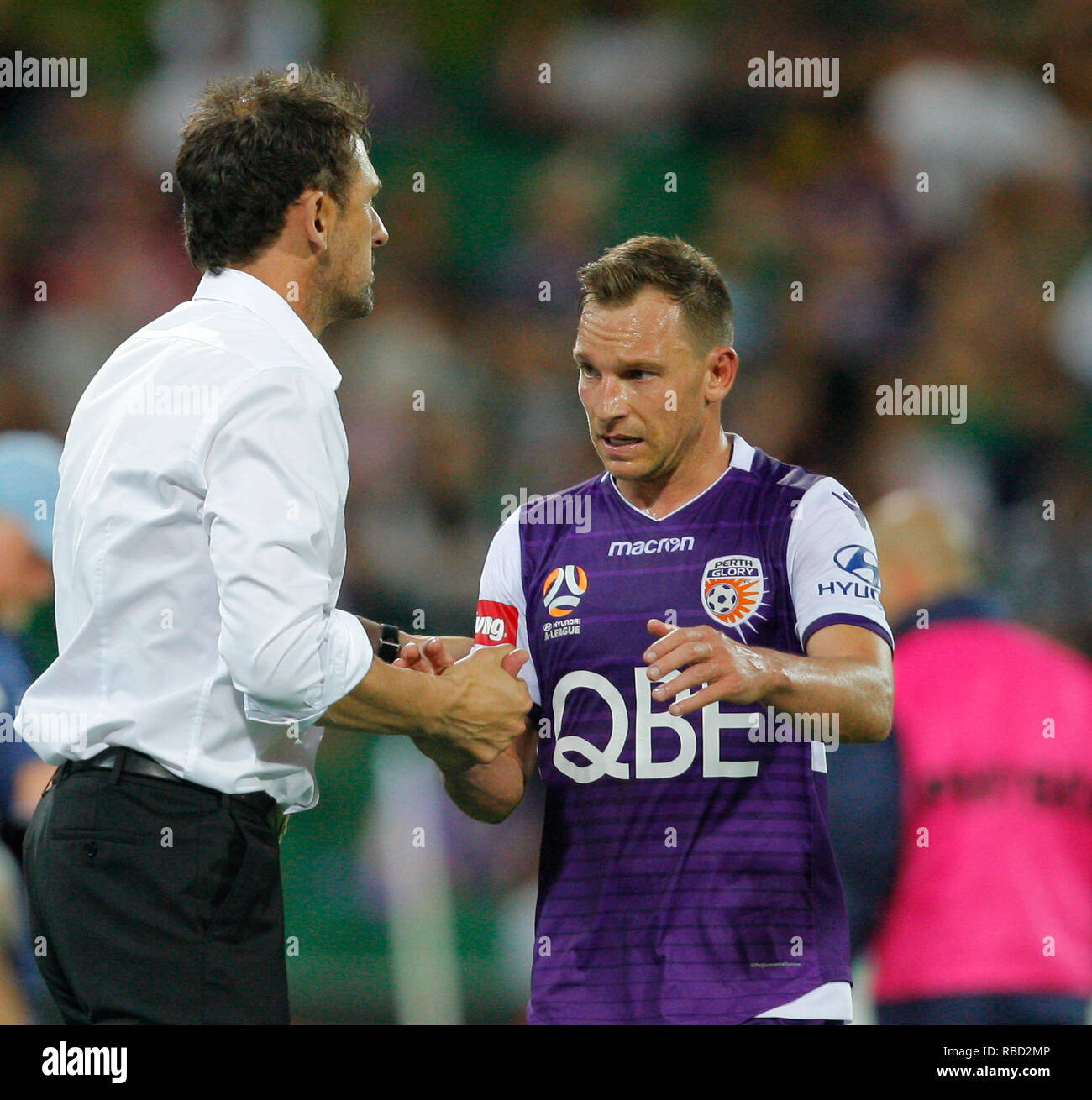 9th January 2019, nib Stadium, Perth, Australia; A League football, Perth  Glory versus Sydney FC; Brendon Santalab of Perth Glory is subbed off and  congratulated by Tony Popovic head coach of Perth