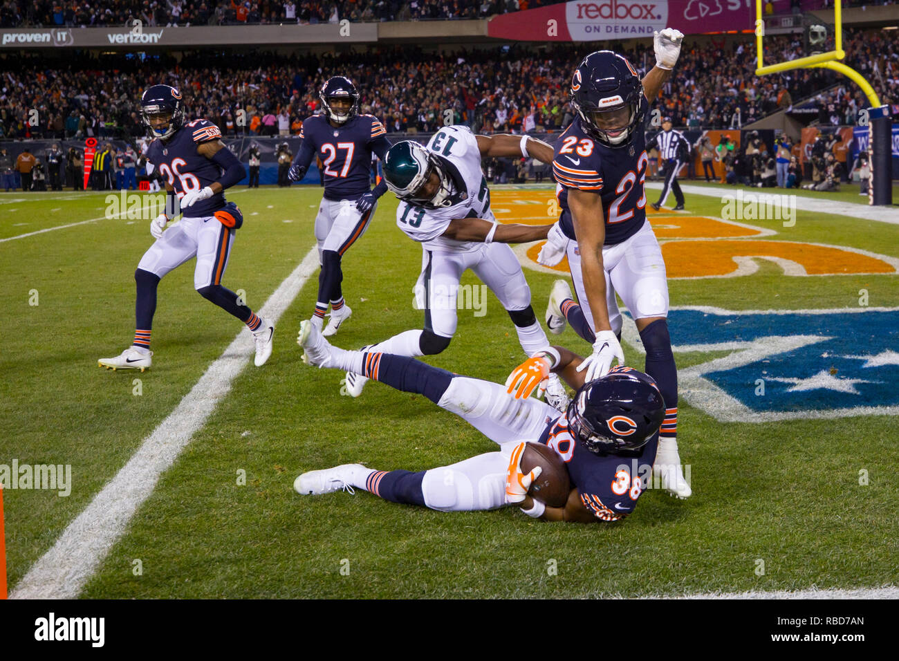 January 06, 2019: Chicago, Illinois, U.S. - Bears #58 Roquan Smith runs on  to the field before the NFL Playoff Game between the Philadelphia Eagles  and Chicago Bears at Soldier Field in