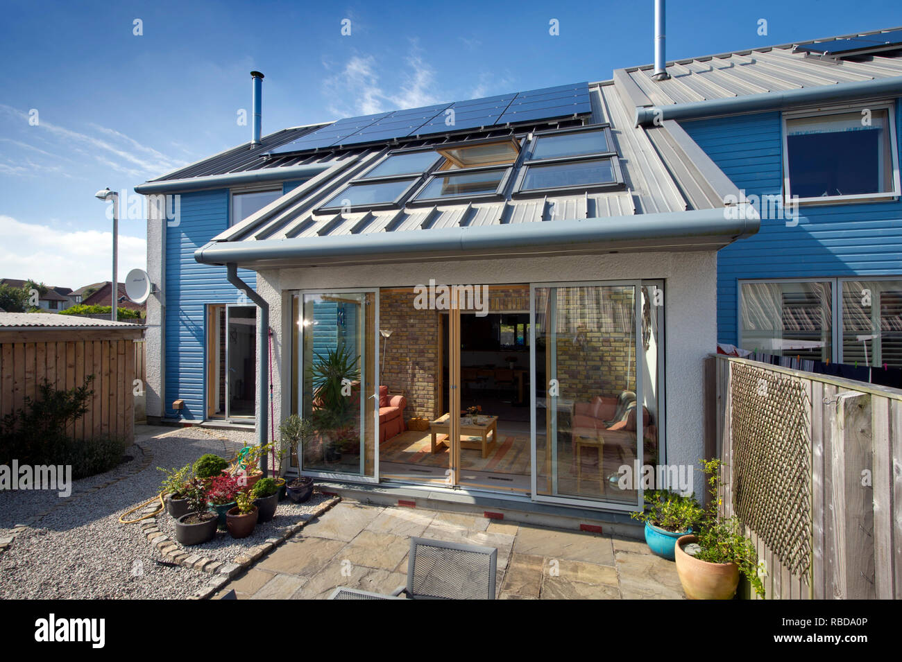 Photovoltaic or solar panels on the roof of an eco house in Hayle