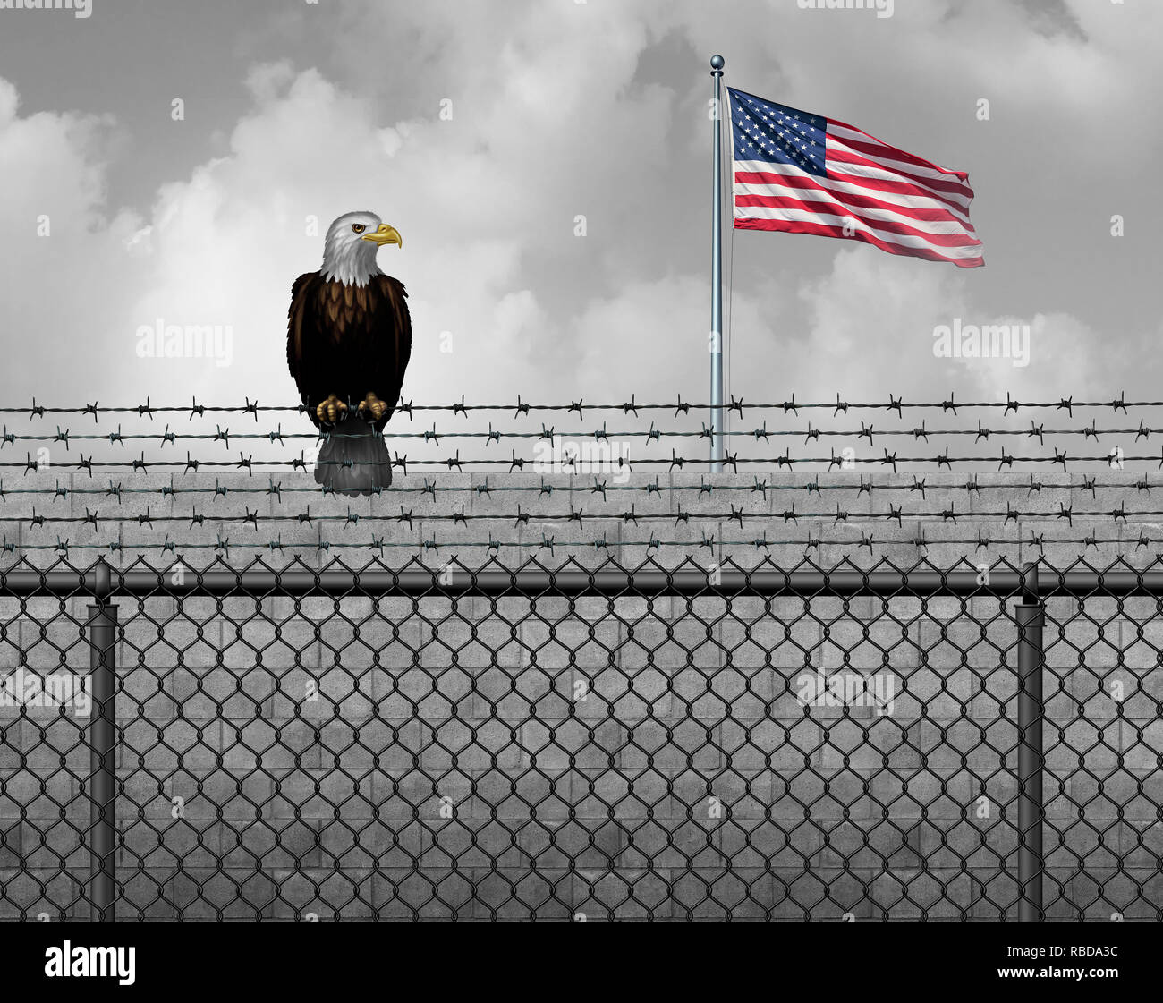 American eagle on security border as an illegal or legal immigration and customs barrier or government shutdown concept with a United States flag. Stock Photo