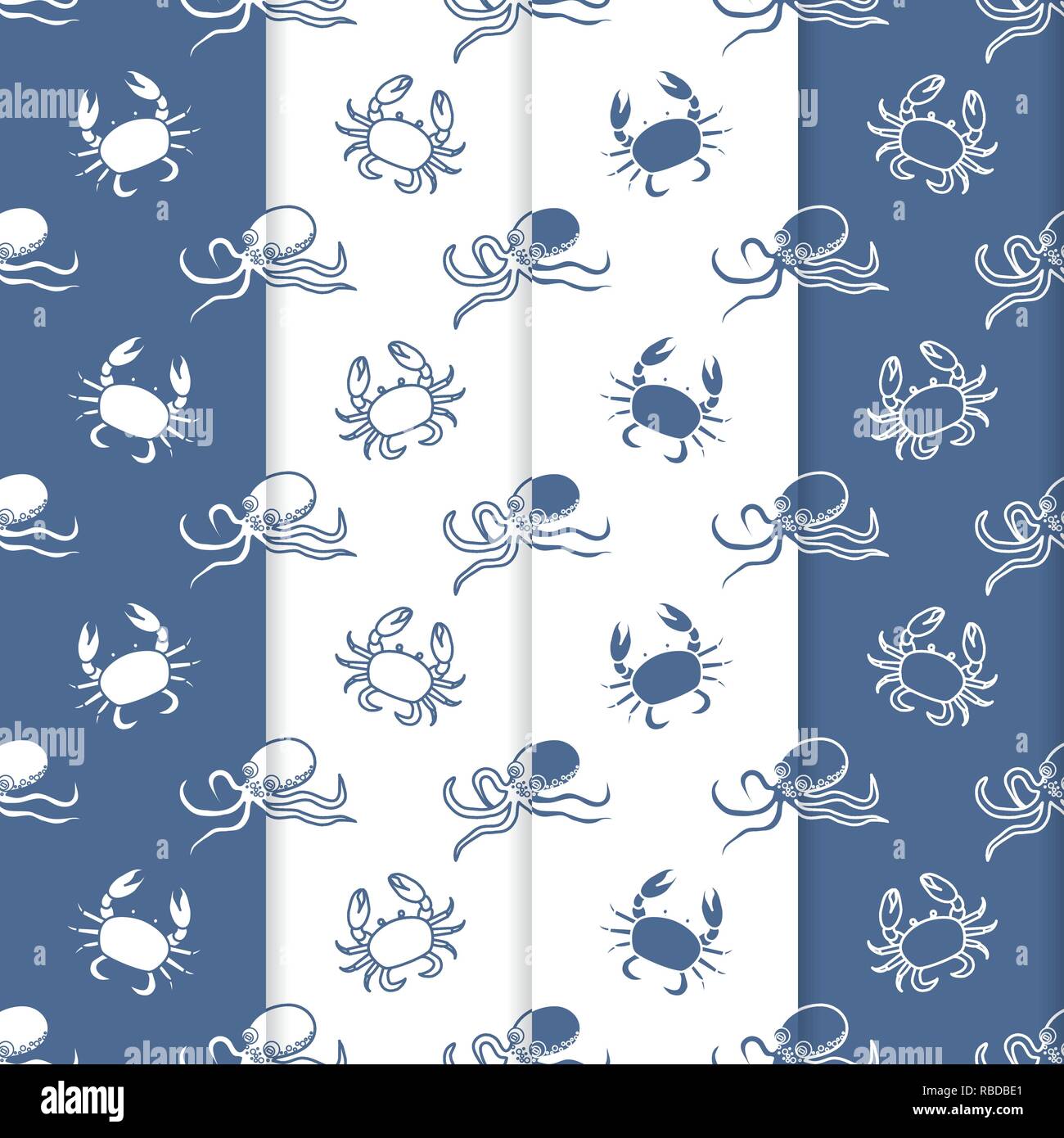 Set of 4 vector seamless pattern with octopuses and crabs. Sea ...