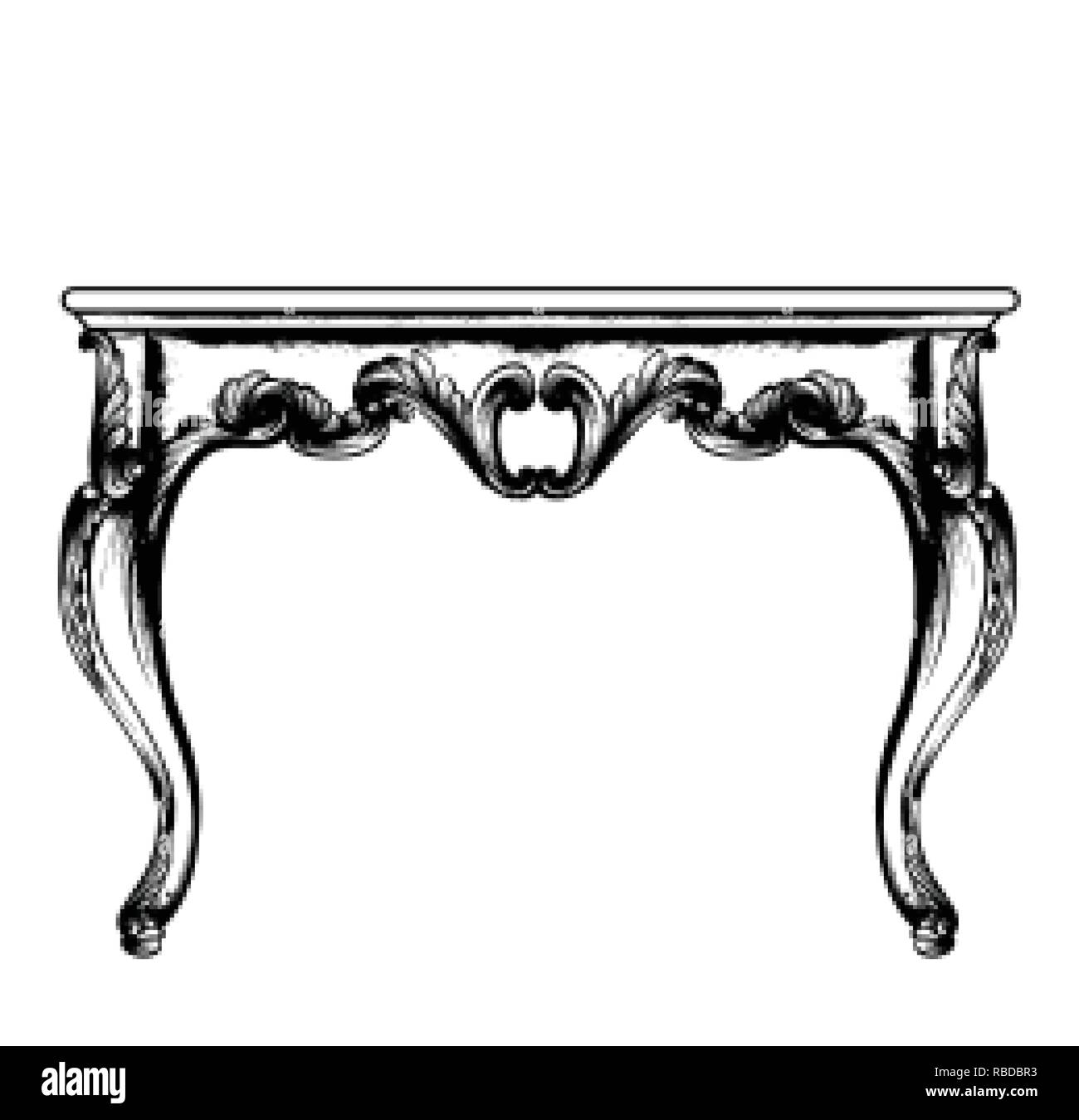 Baroque rich coffee table Vector. Classic royal ornaments decor. Vintage design furniture. Engraved line art style Stock Vector