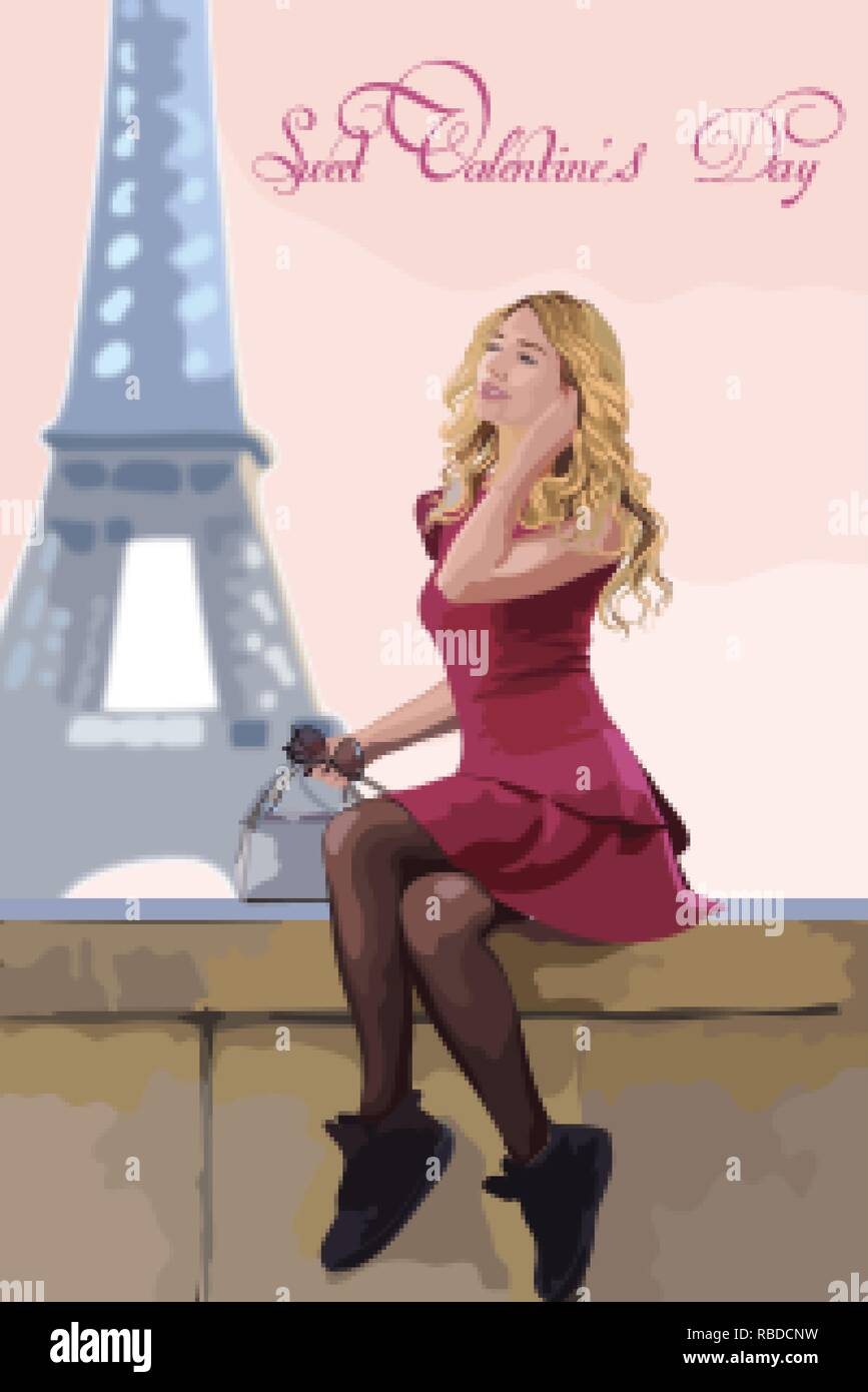 Girl in Paris romantic Vector. Eiffel Tower on background. Cartoon  character Stock Vector Image & Art - Alamy