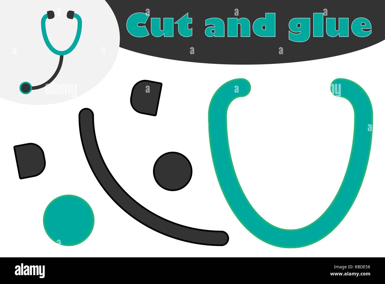 Stethoscope in cartoon style, education game for the development of preschool  children, use scissors and glue to create the applique, cut parts of the  image and glue on the paper, vector illustration