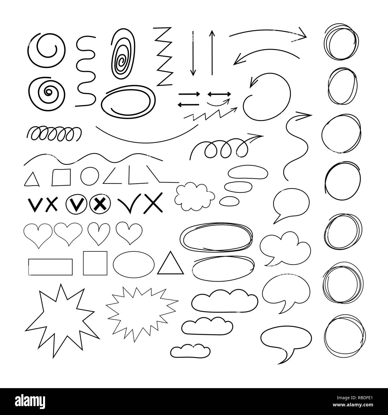 Doodle different shapes, clouds speech and arrows set Stock Vector