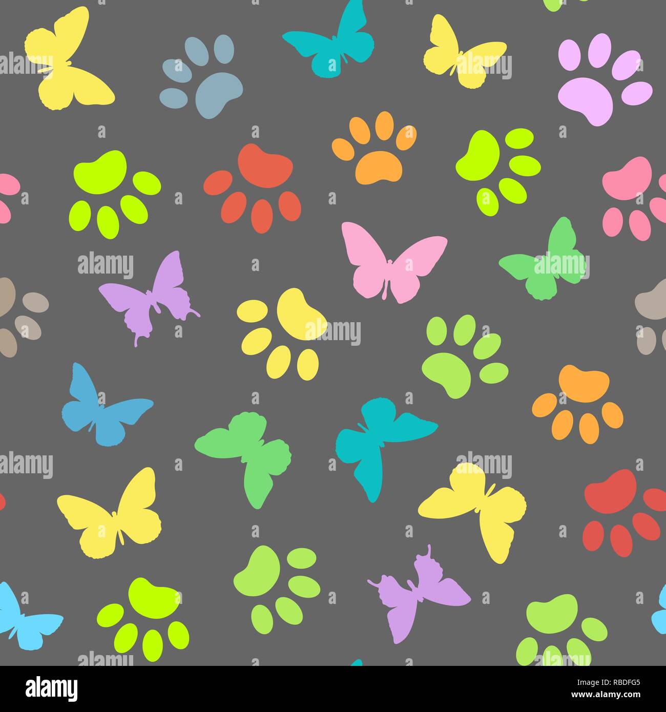 Multi colored butterflies and animal paws on grey background seamless pattern. Stock Vector