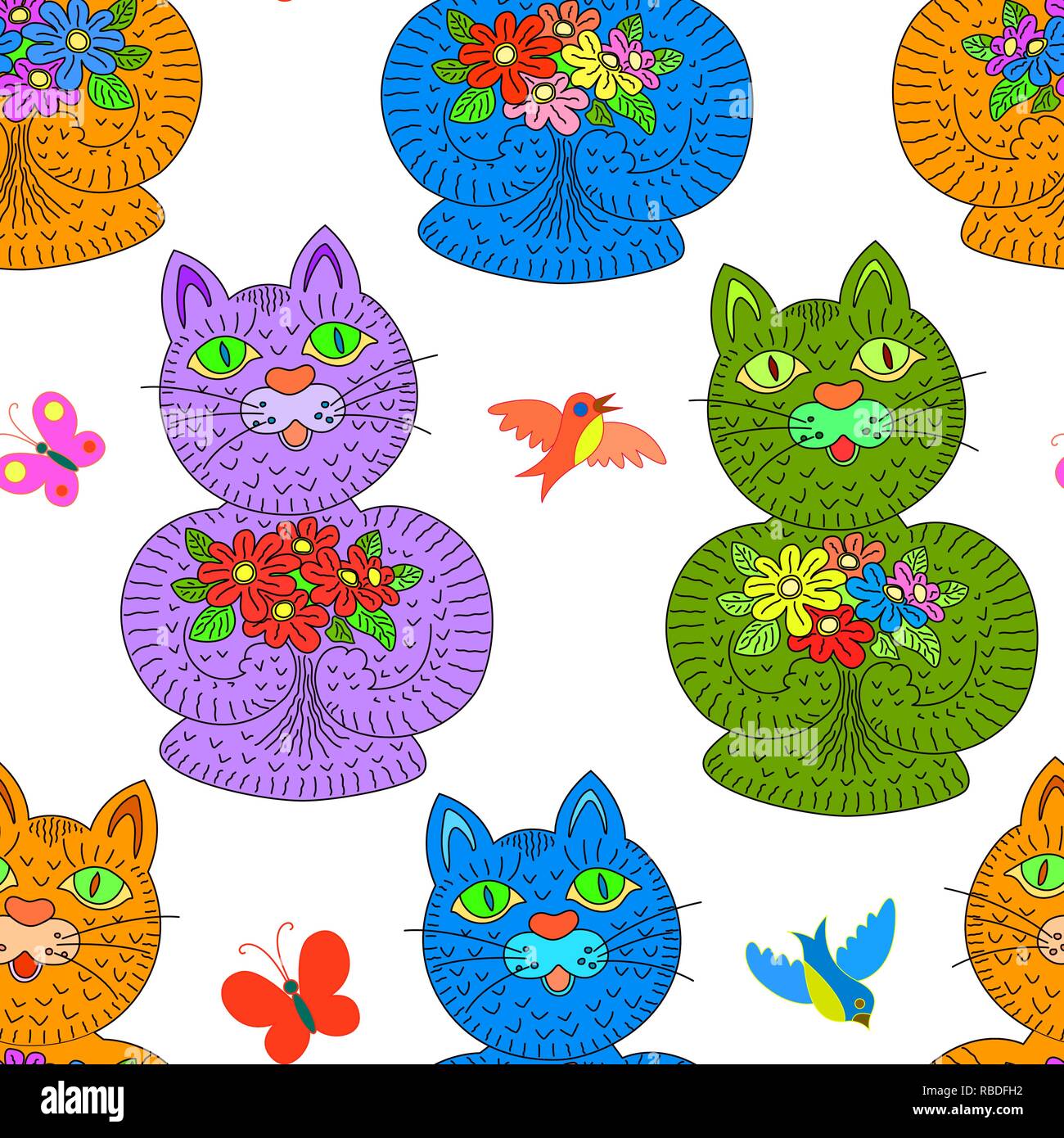 Multicolored cats with flowers holiday seamless pattern gift background Stock Vector