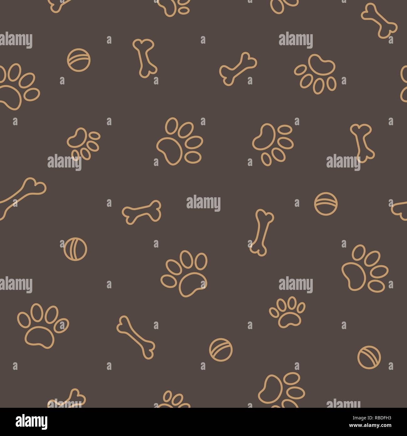 Paw prints dog and bones on dark brown background seamless pattern. Stock Vector