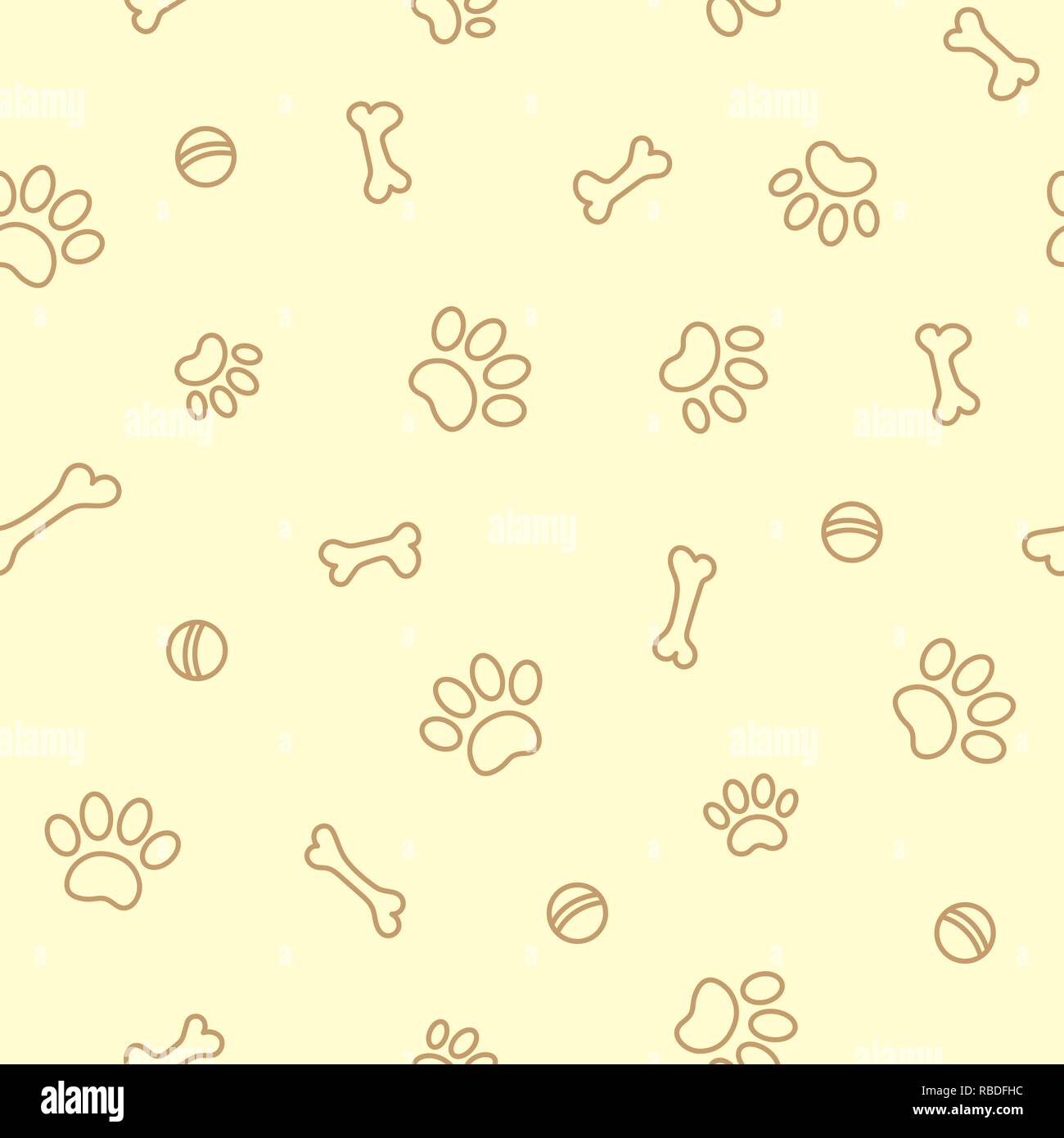 Paw prints dog and bones on a light yellow background outline design