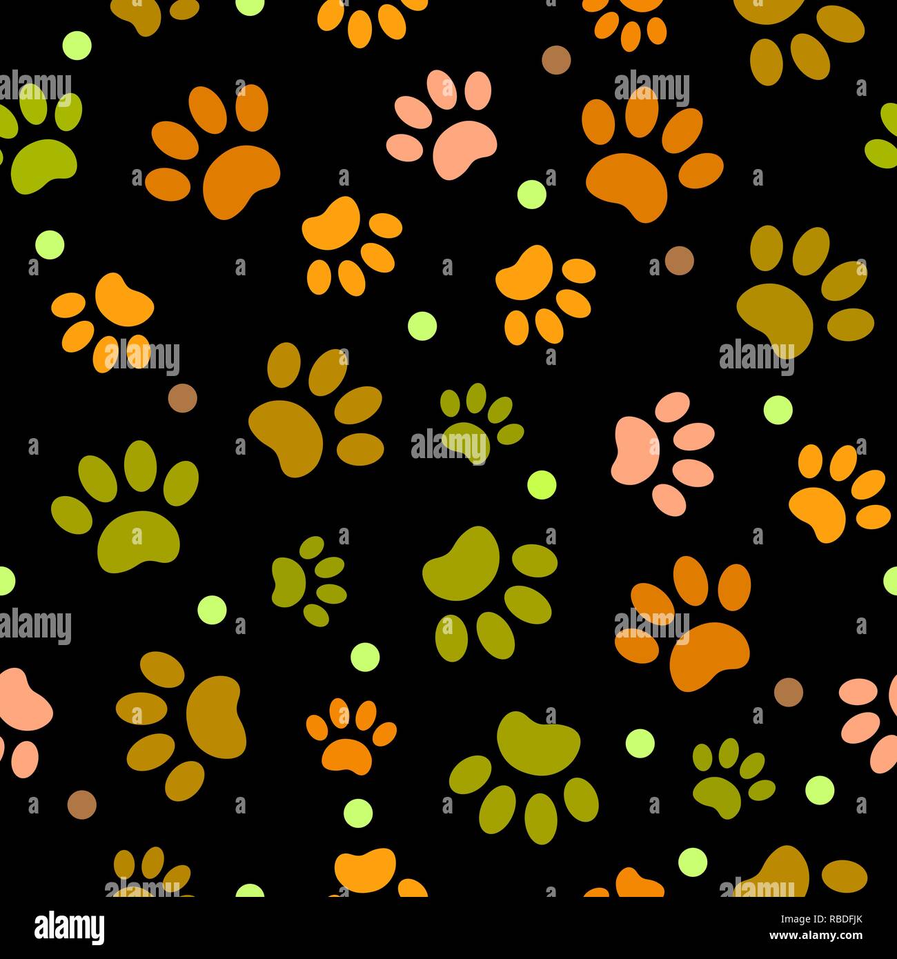 Seamless pattern colored paws footprints animals on black background Stock Vector