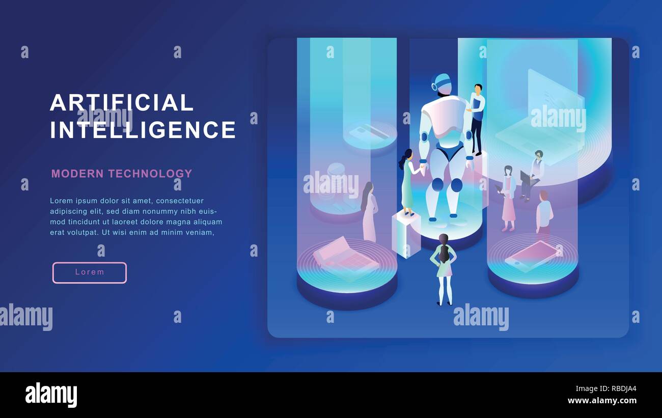 Artificial intelligence concept. robot. isometric illustration. modern technology background Stock Vector