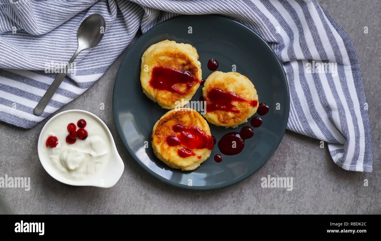 Cottage Cheese Pancakes Tasty Healthy Breakfast Top View Grey