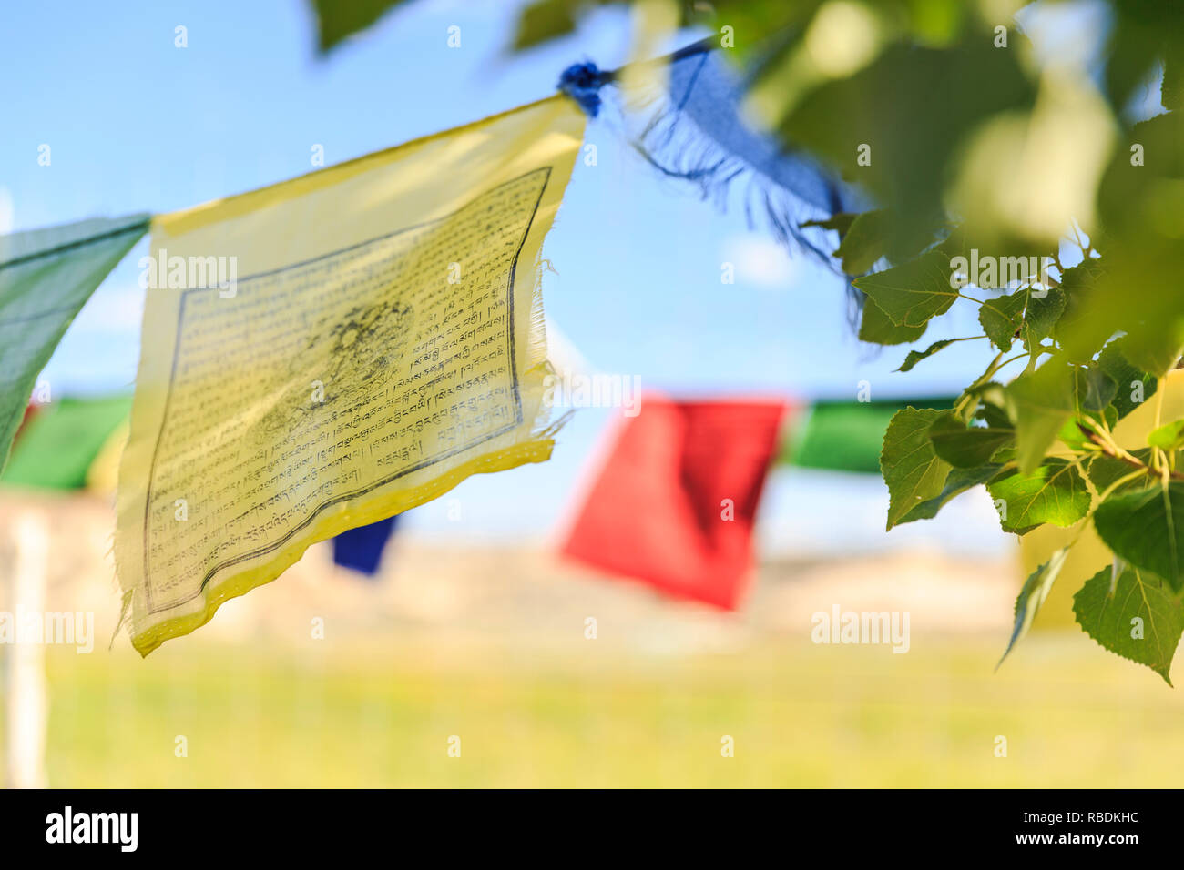 strings of prayer flags blowing in the wind against a blue sky Stock Photo