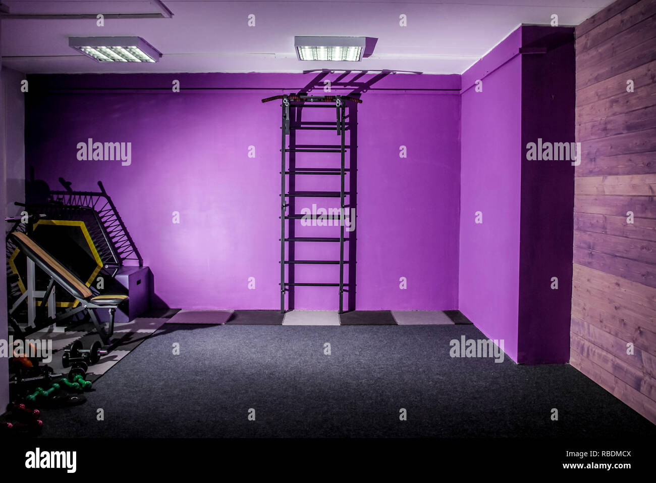 Empty gym fitness hall with sports equipment and a ladder on the wall