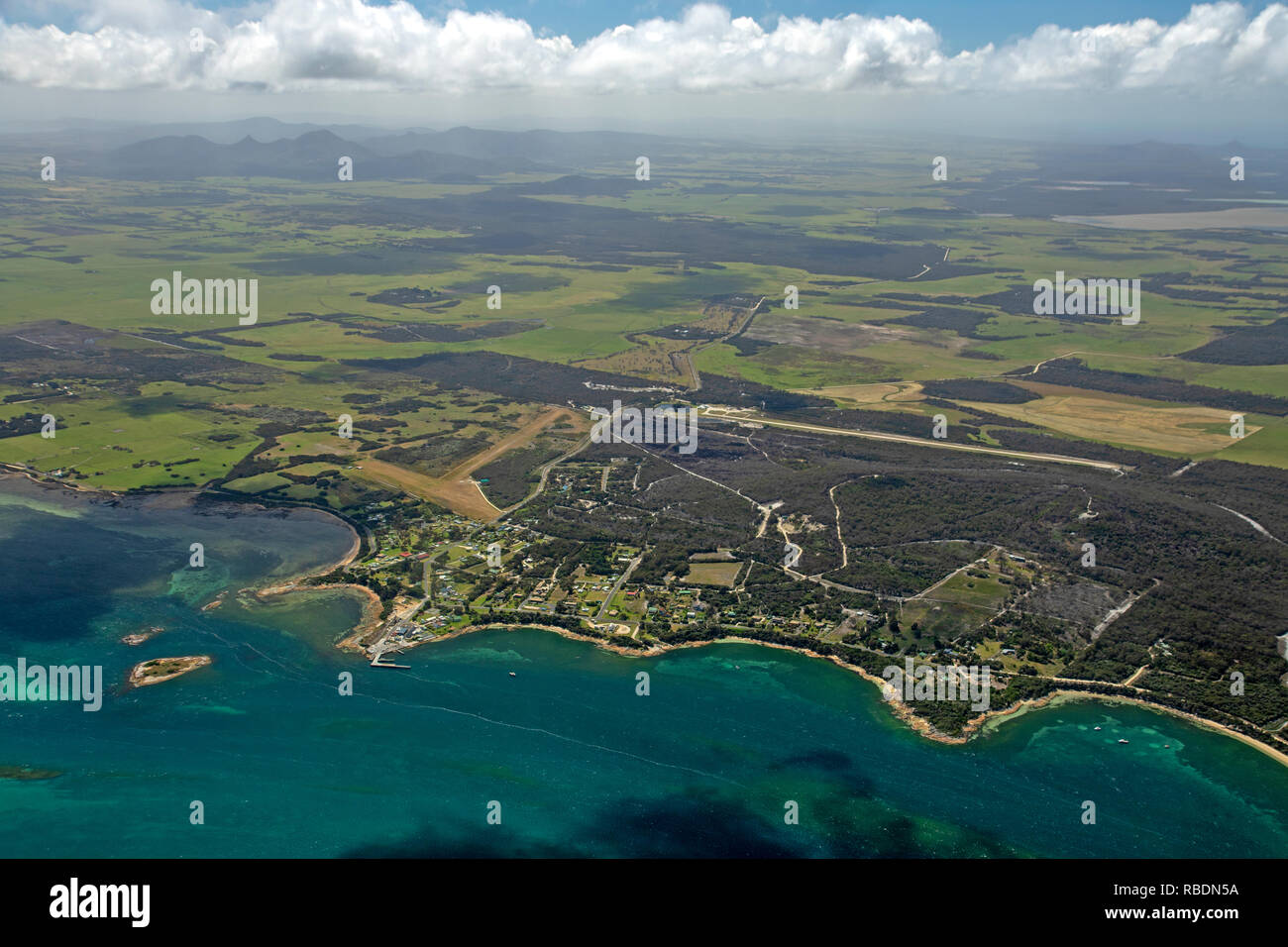 Aerial view of Lady Barron at the southern end of Flinders Island Stock