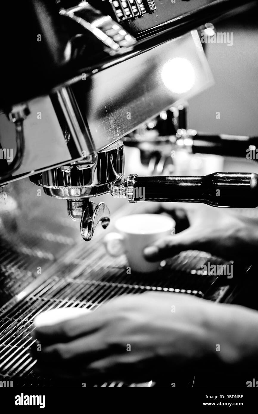 espresso shot from coffee machine in coffee shop, Coffee maker in ...