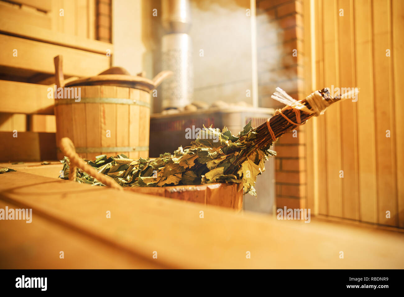 Interior of Finnish sauna, classic wooden sauna, Finnish bathroom