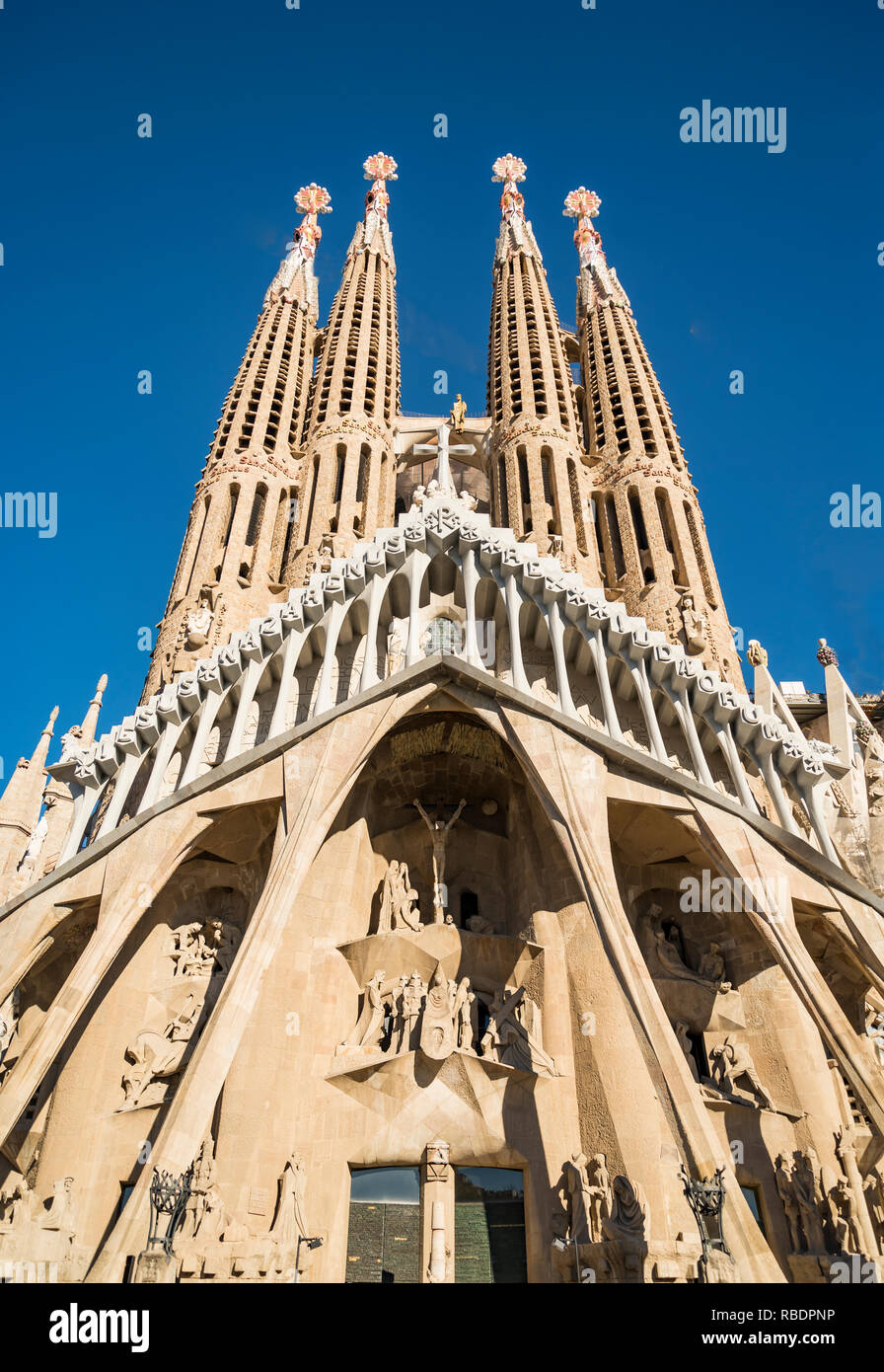 The Facade of the Sagrada Familia, the most iconic landmark in Barcelona Stock Photo