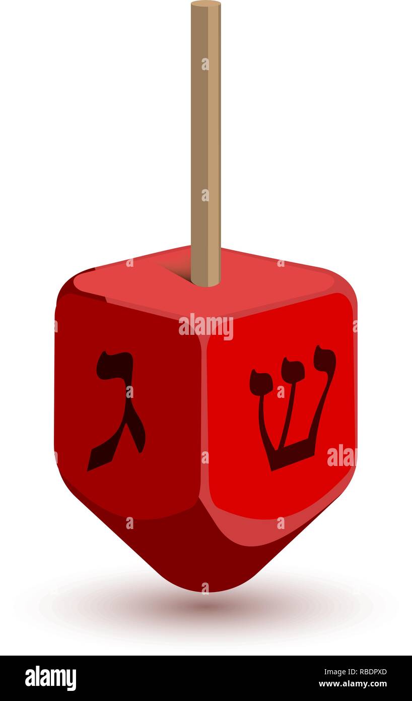Realistic cartoon illustration of a red dreidel, balanced on end. Traditional Chanukah symbol isolated on white background. Vector illustration. Stock Vector