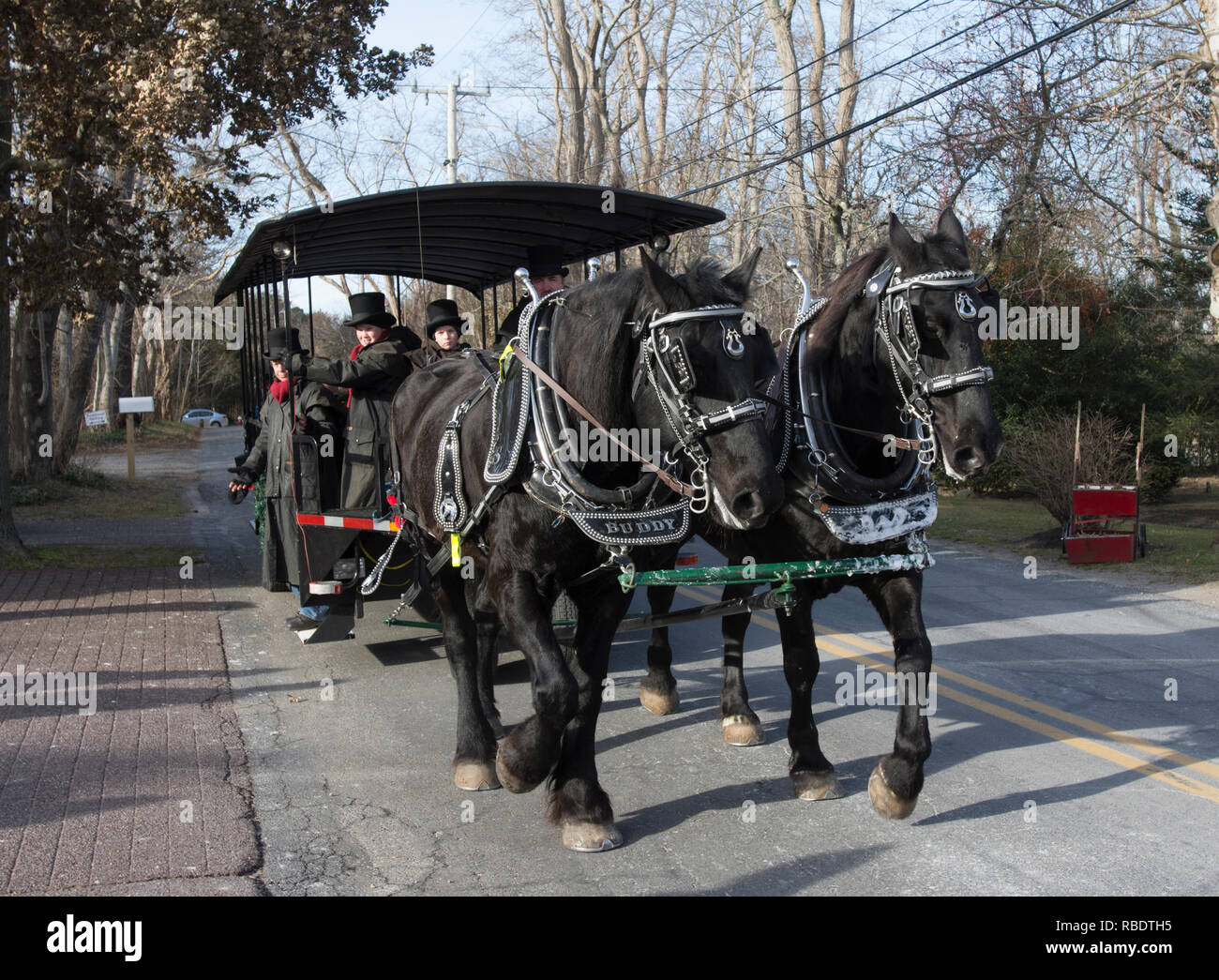 Horse drawn ride during the Dennis, Massachusetts annual Christmas Stroll, on Cape Cod, USA Stock Photo