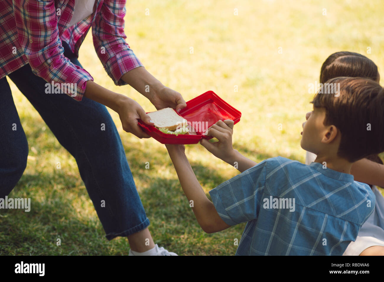 Teacher giving snack to kids Stock Photo