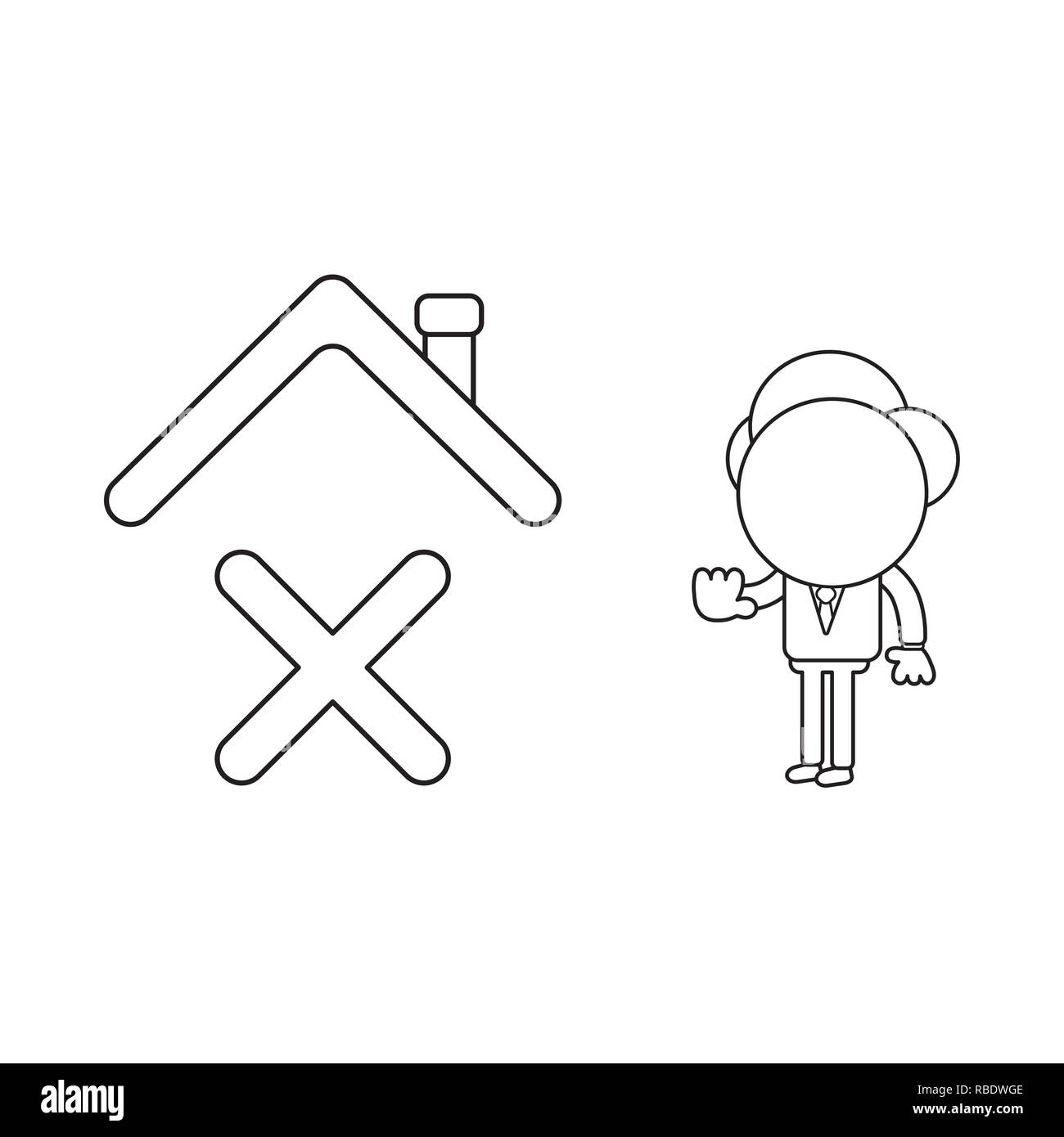 Vector illustration concept of businessman character with x mark under house roof and showing hand stop gesture. Black outline. Stock Vector
