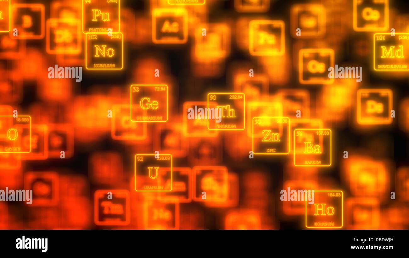 cloud of periodic elements table concept with glowing neon lines. 3d illustration Stock Photo