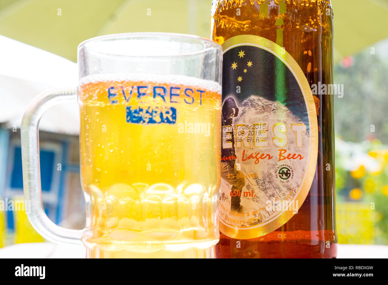 Glass and bottle of Everest lager beer, Nepal Stock Photo Alamy