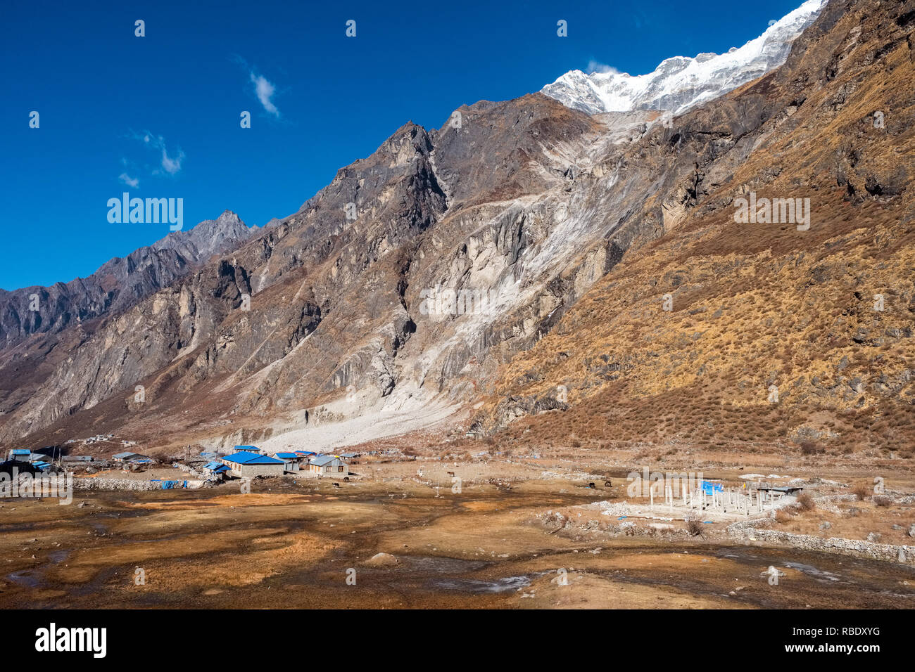 The rebuilt village of Langtang. The original village was wiped out by the landslide seen in the distance in the 2015 Nepal earthquake Stock Photo