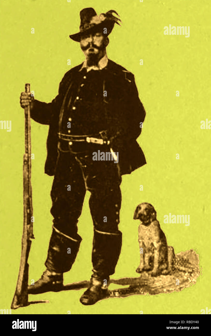 Victor Emmanuel II (Vittorio Emanuele Maria Alberto Eugenio Ferdinando Tommaso di Savoia), King of Sardinia and italy In casual dress with his pet dog and holding a hunting rifle , Stock Photo