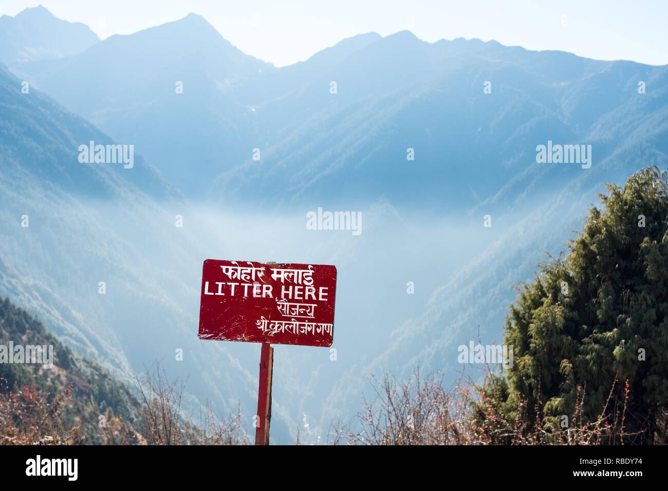 Litter disposal points on the Gosaikund / Gosainkunda Trek in the Nepal Himalayas Stock Photo