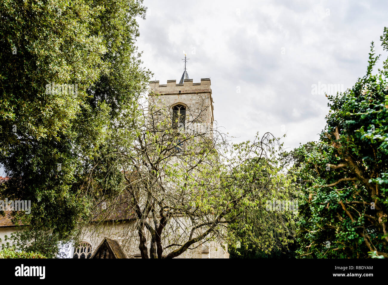 Grantchester (Cambridge, England): Church St. Andrew and Mary - filming for TV serie Stock Photo