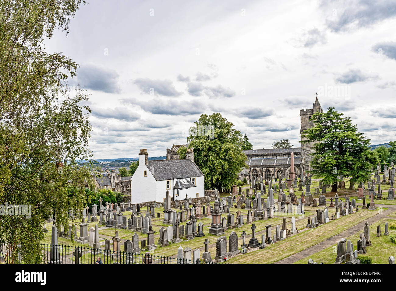 View from Stirling Castle on the churchyard; Blick vom Stirling Castle auf den Friedhof des Ortes Stock Photo