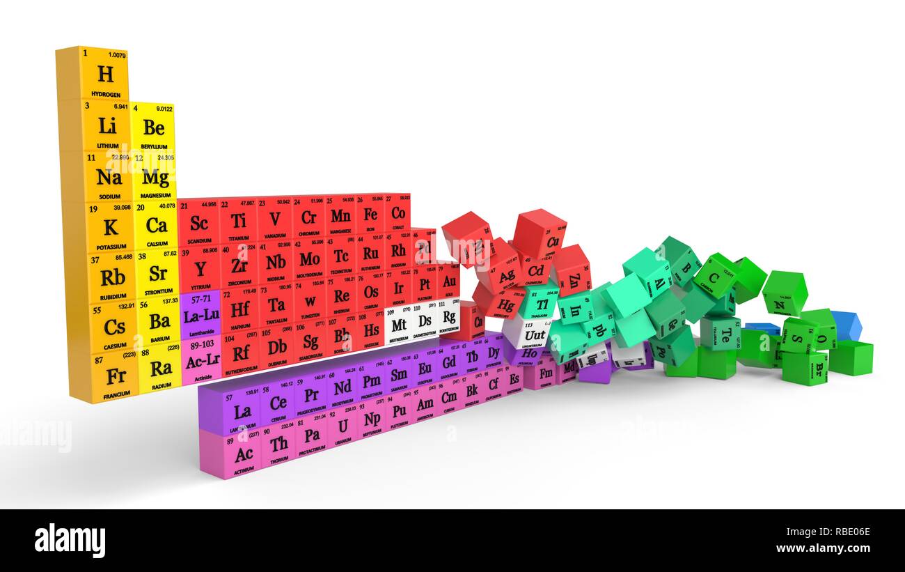 periodic table concept with falling cubes. 3d illustration Stock Photo