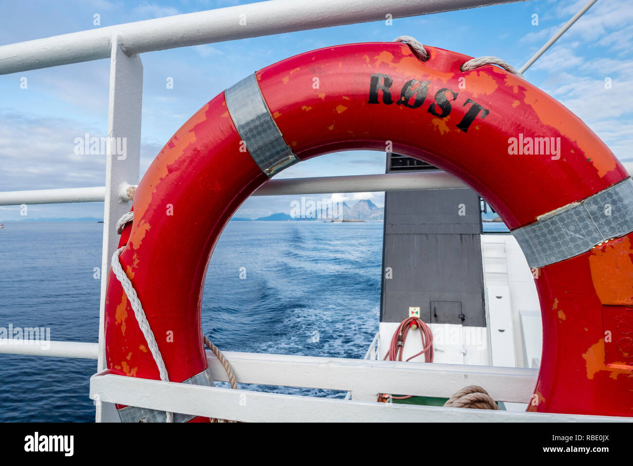 Life belt on norwegian ferry from Svolvaer to Skutvik, Nordland, Norway